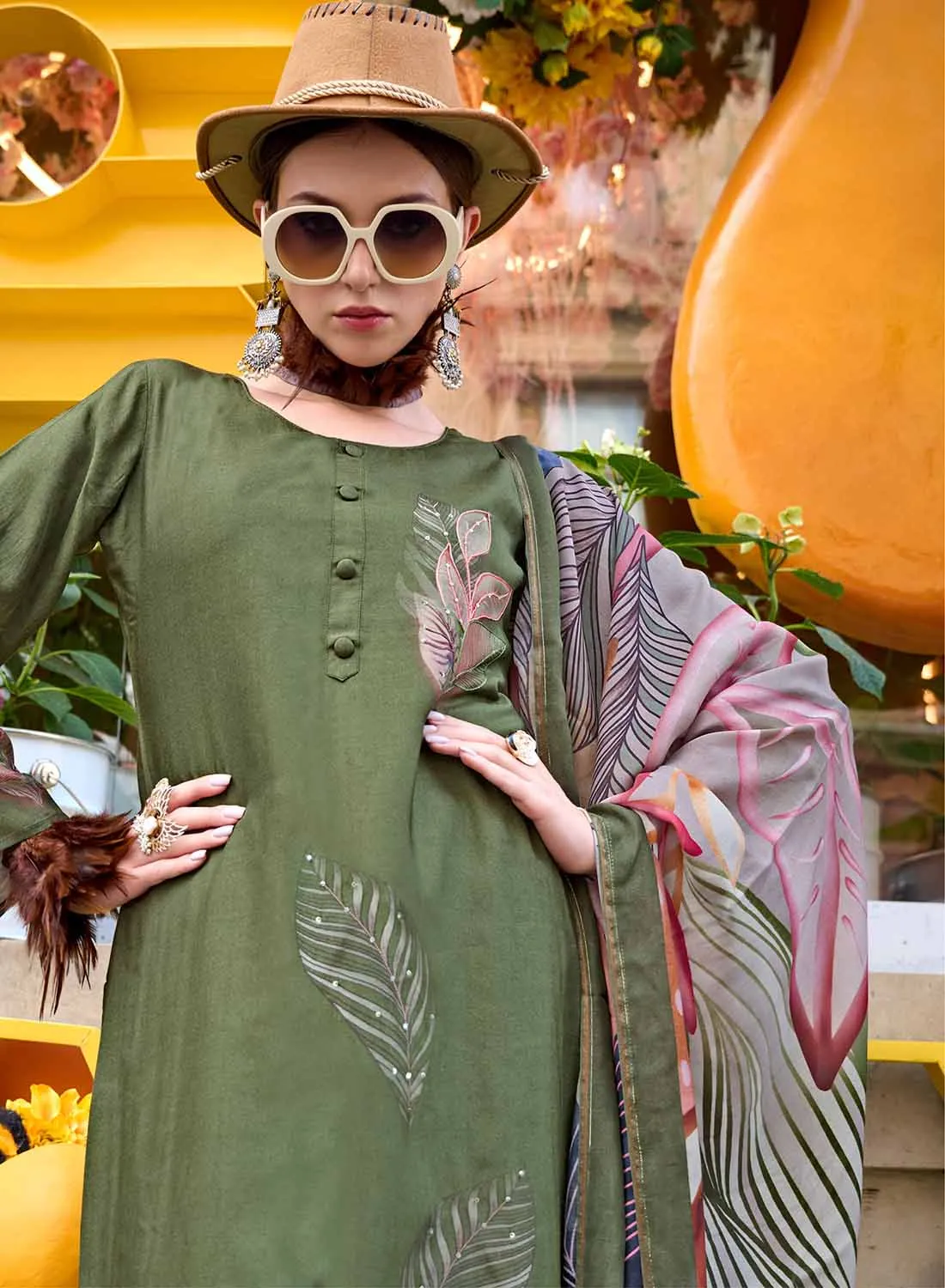 Green Party Wear Pure Muslin Unstitched Suit Dress Material for Women