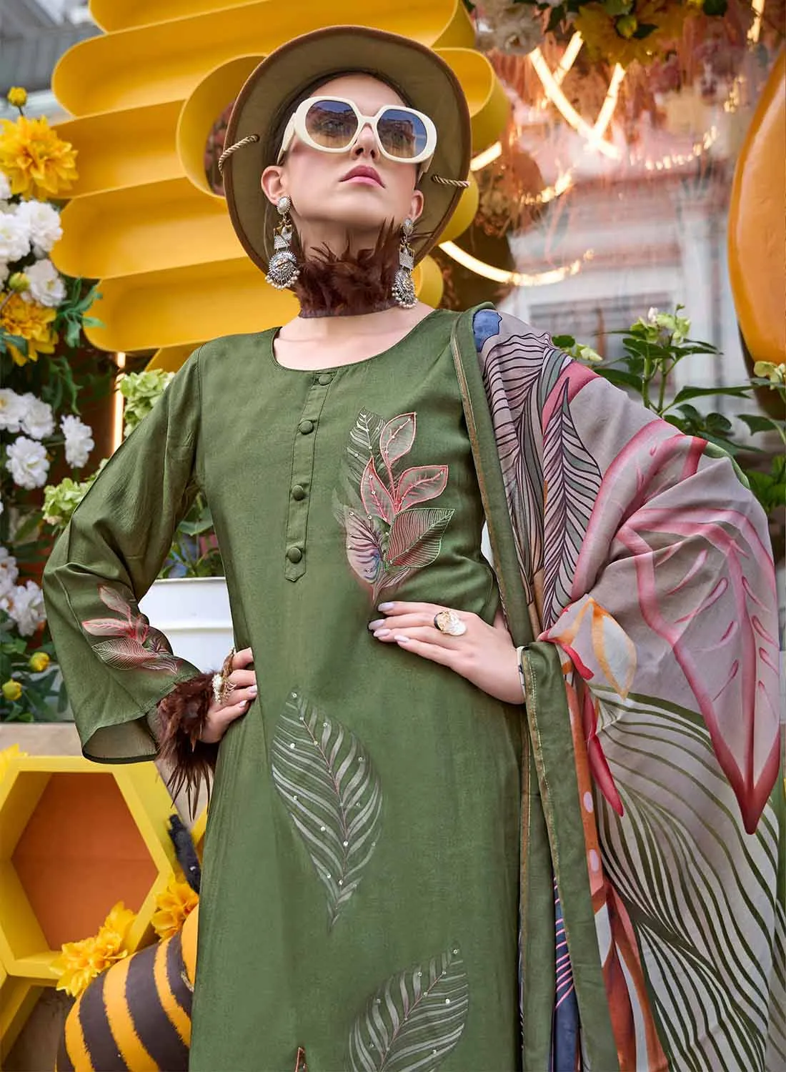 Green Party Wear Pure Muslin Unstitched Suit Dress Material for Women