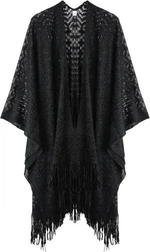 Knit Shawl Wraps Tassel Open Front Poncho Cape for Women, Ladies Fringed Knitted Cardigan for Fall Winter