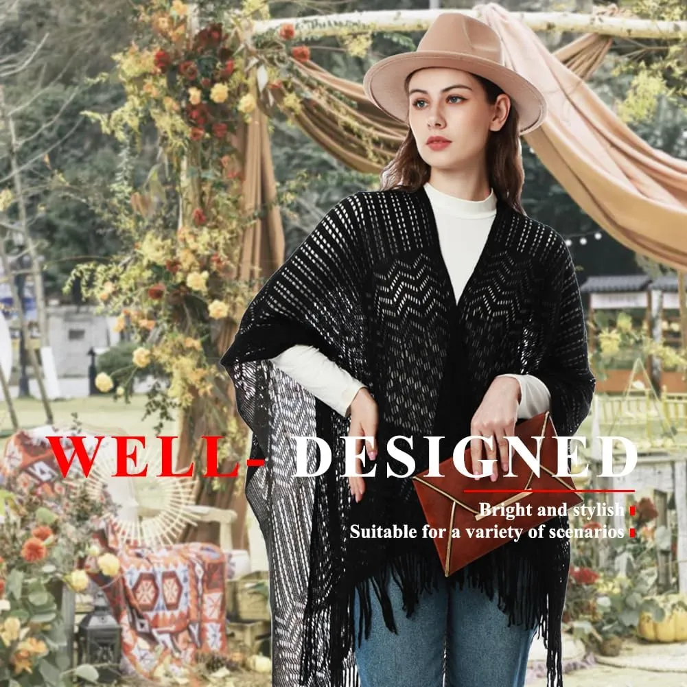 Knit Shawl Wraps Tassel Open Front Poncho Cape for Women, Ladies Fringed Knitted Cardigan for Fall Winter