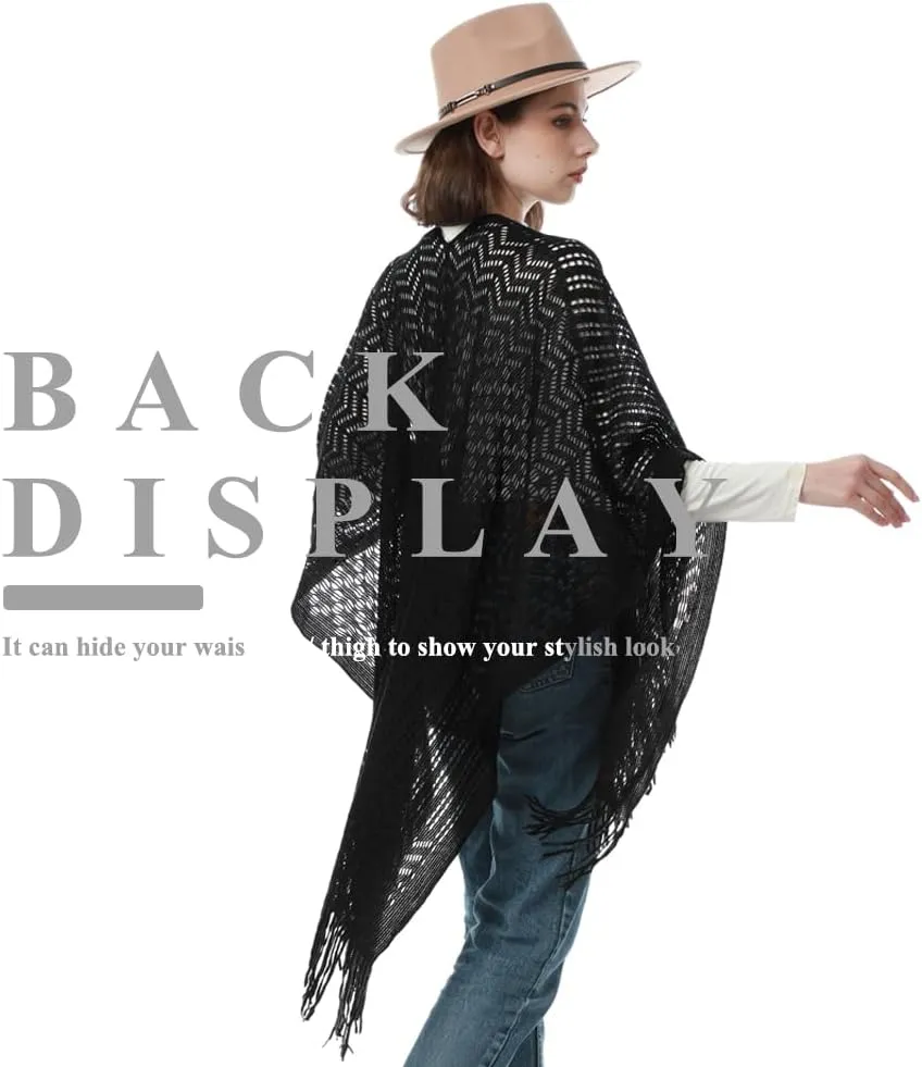 Knit Shawl Wraps Tassel Open Front Poncho Cape for Women, Ladies Fringed Knitted Cardigan for Fall Winter