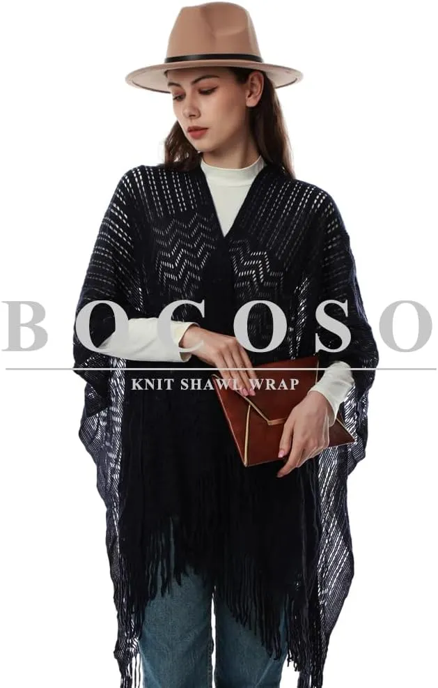 Knit Shawl Wraps Tassel Open Front Poncho Cape for Women, Ladies Fringed Knitted Cardigan for Fall Winter