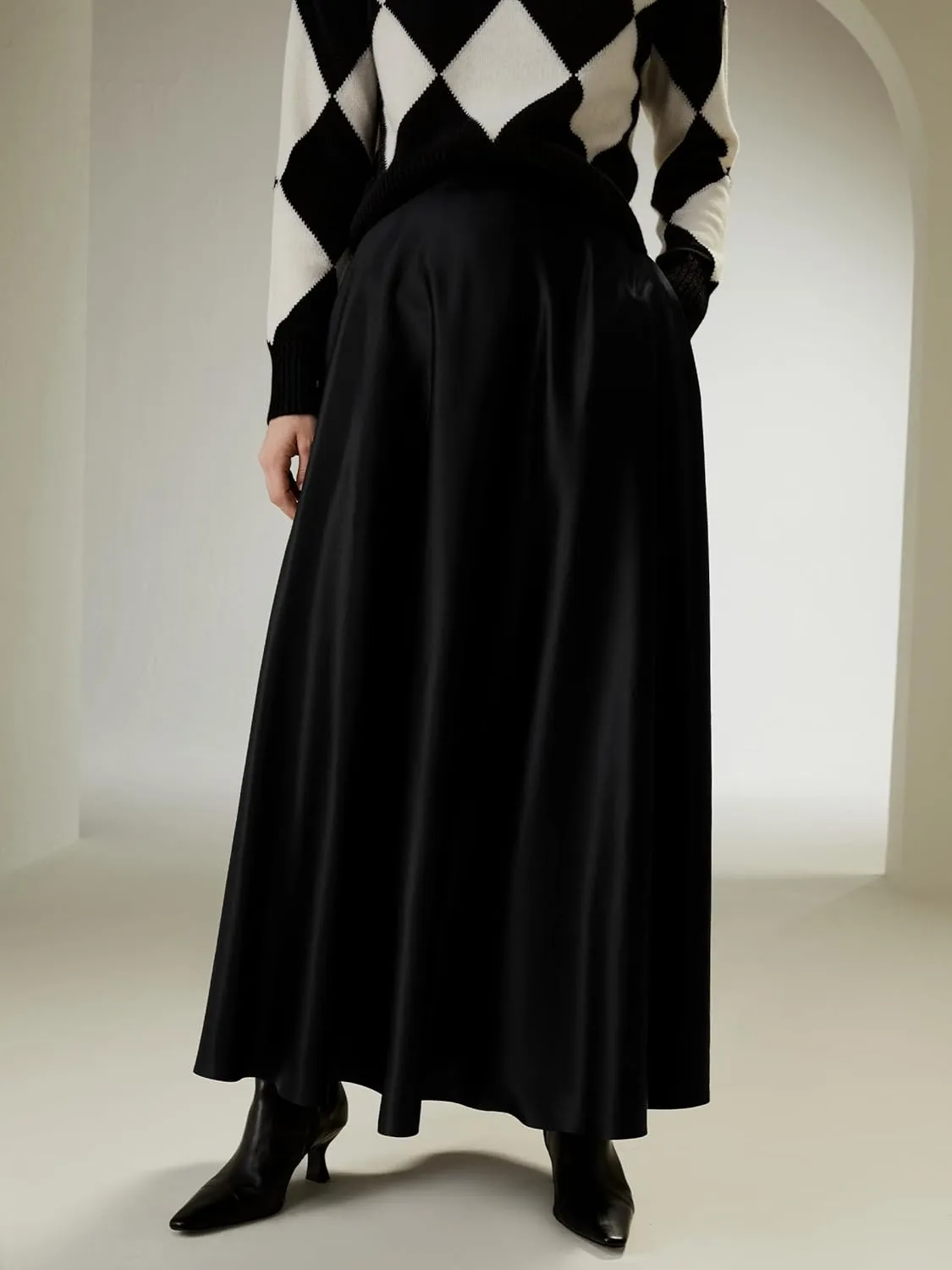 LilySilk 100% Silk Flowy Maxi Skirt for Women A Line Zipper Up Dress with Side Pockets