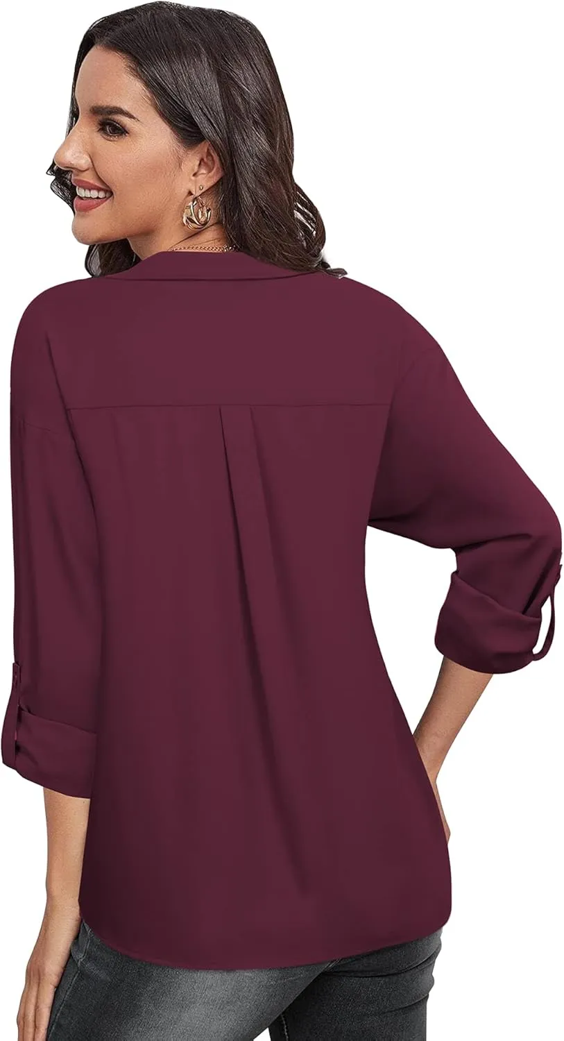 Lotusmile Women's Dressy Lapel Button Down Shirts for Work Office Business Casual Chiffon Blouse Tops