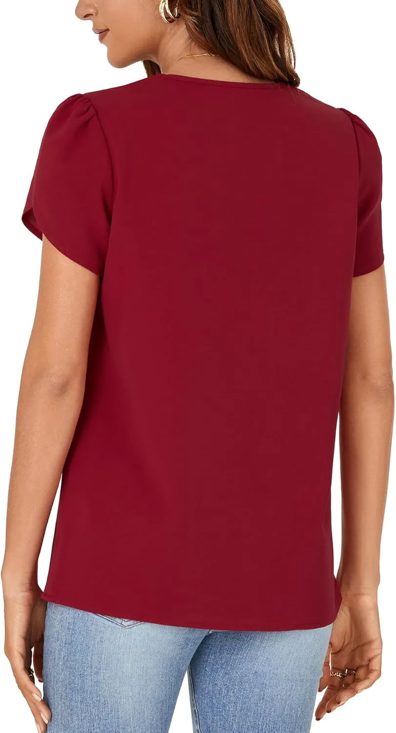 LYANER Women's Lace Trim V Neck Blouse Petal Short Sleeve Shirt Basic Casual Top