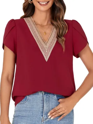 LYANER Women's Lace Trim V Neck Blouse Petal Short Sleeve Shirt Basic Casual Top