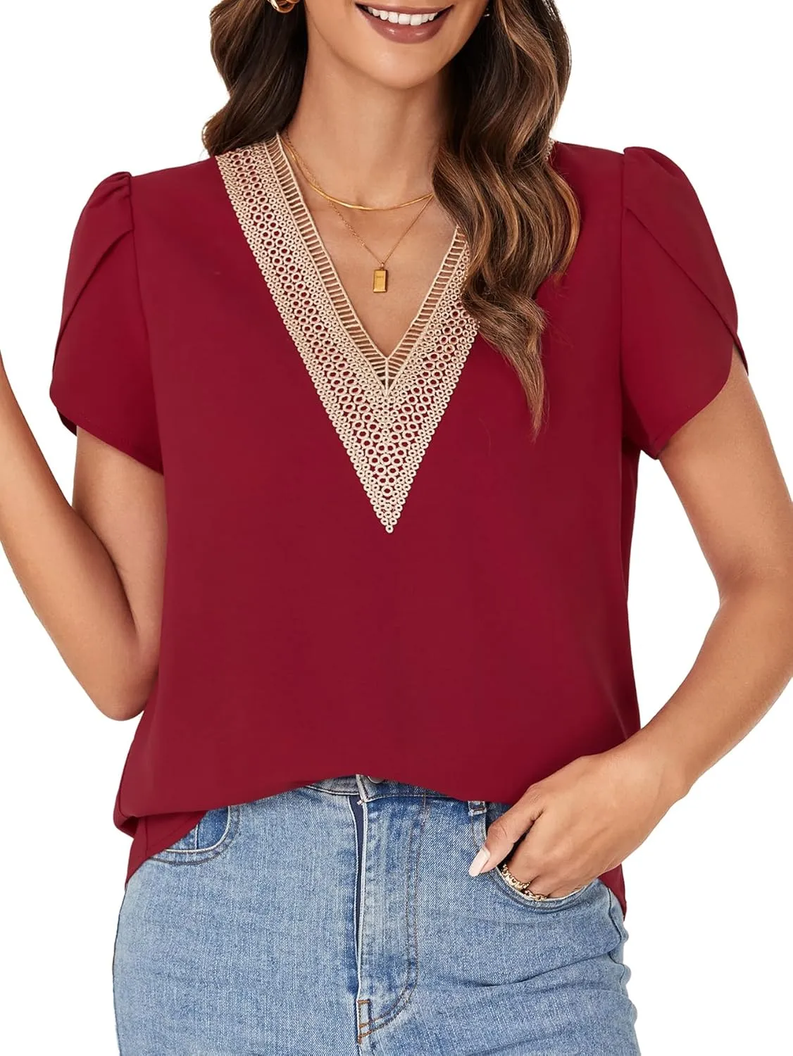 LYANER Women's Lace Trim V Neck Blouse Petal Short Sleeve Shirt Basic Casual Top