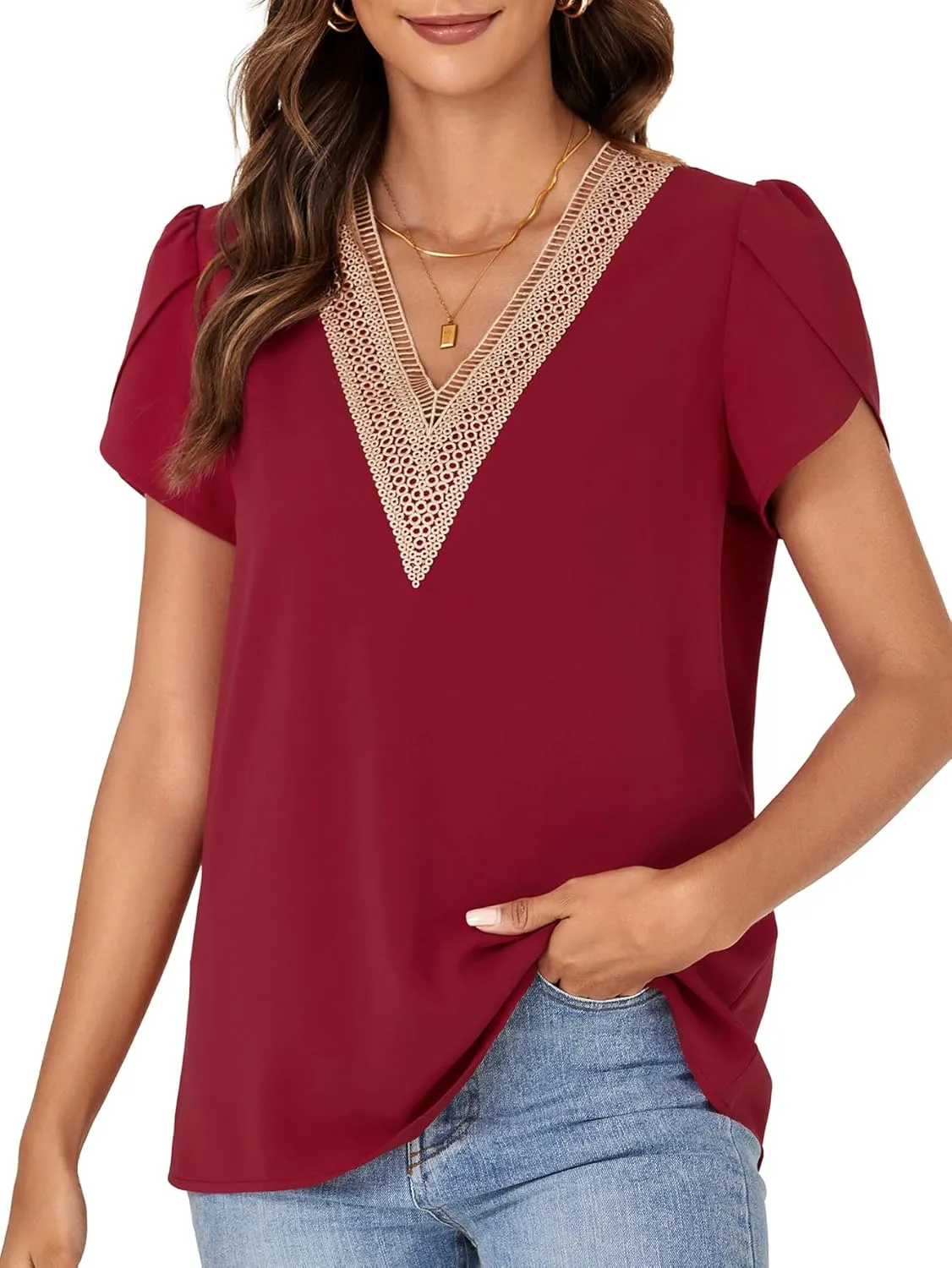 LYANER Women's Lace Trim V Neck Blouse Petal Short Sleeve Shirt Basic Casual Top