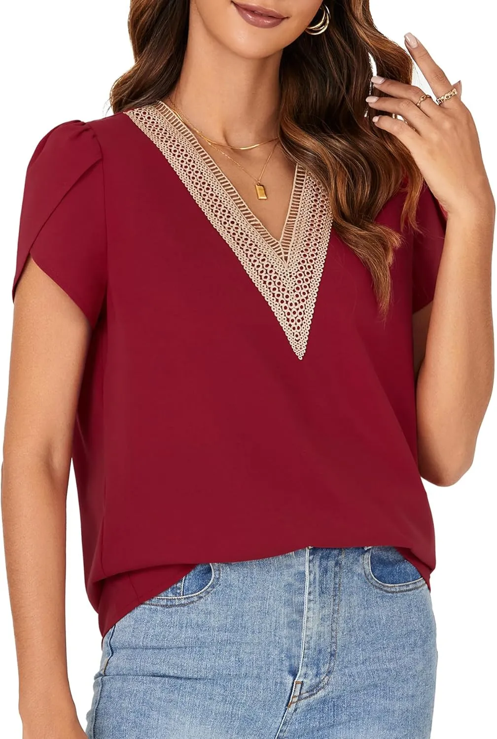 LYANER Women's Lace Trim V Neck Blouse Petal Short Sleeve Shirt Basic Casual Top