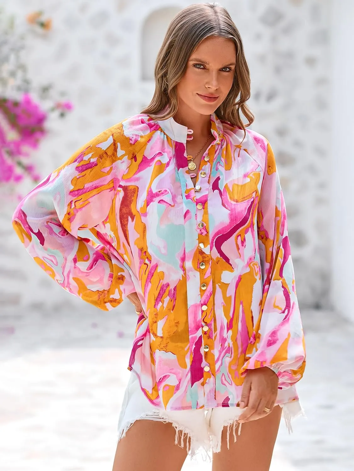 MASCOMODA Womens Boho Floral Print Fall Tops Dressy Casual V Neck Button Down Lantern Long Sleeve Shirts Chiffon Work Blouse