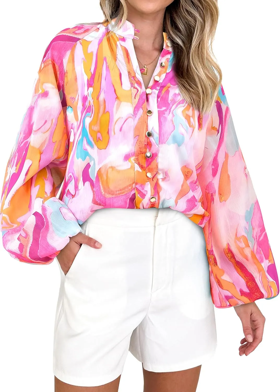 MASCOMODA Womens Boho Floral Print Fall Tops Dressy Casual V Neck Button Down Lantern Long Sleeve Shirts Chiffon Work Blouse