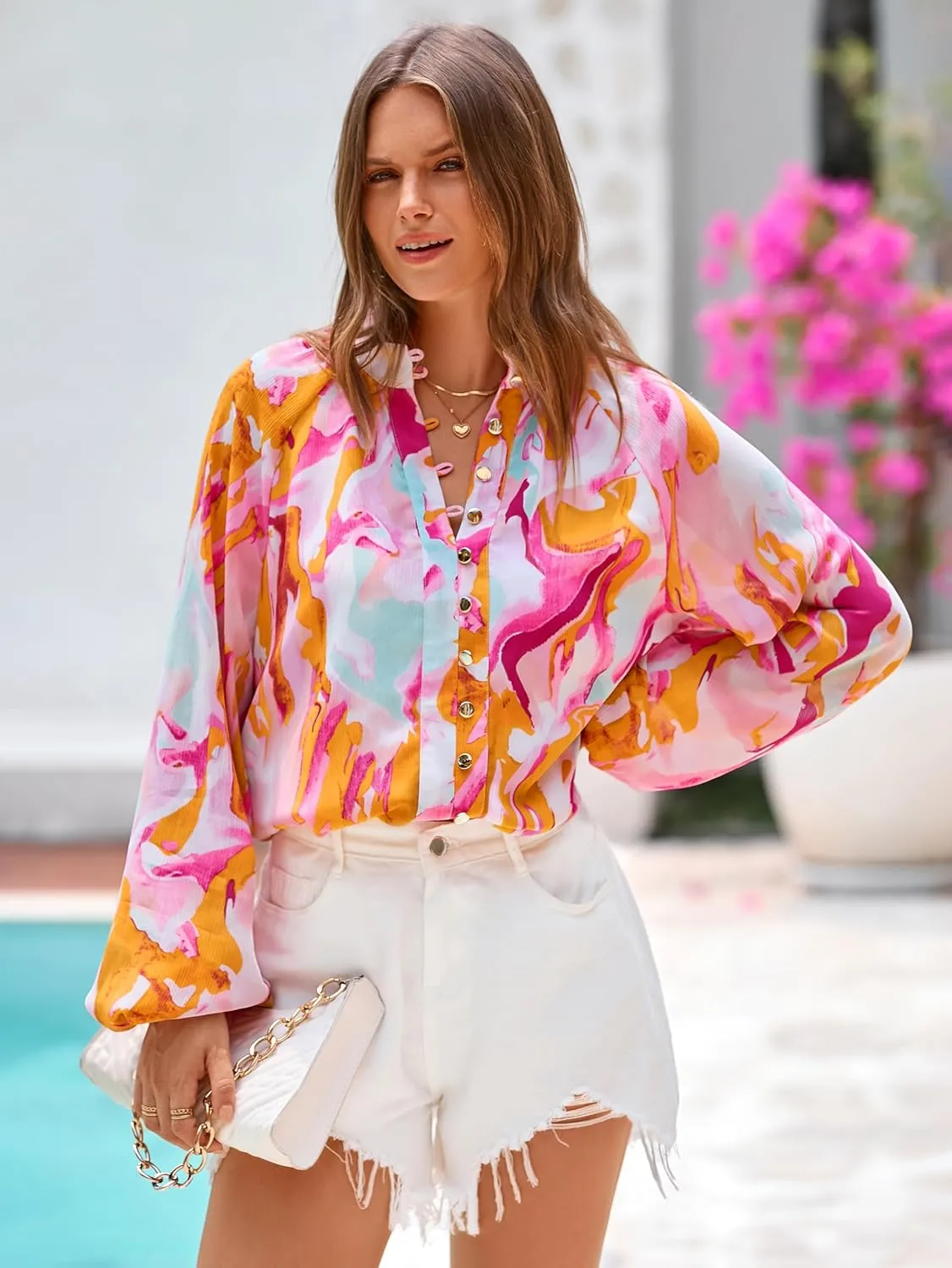 MASCOMODA Womens Boho Floral Print Fall Tops Dressy Casual V Neck Button Down Lantern Long Sleeve Shirts Chiffon Work Blouse