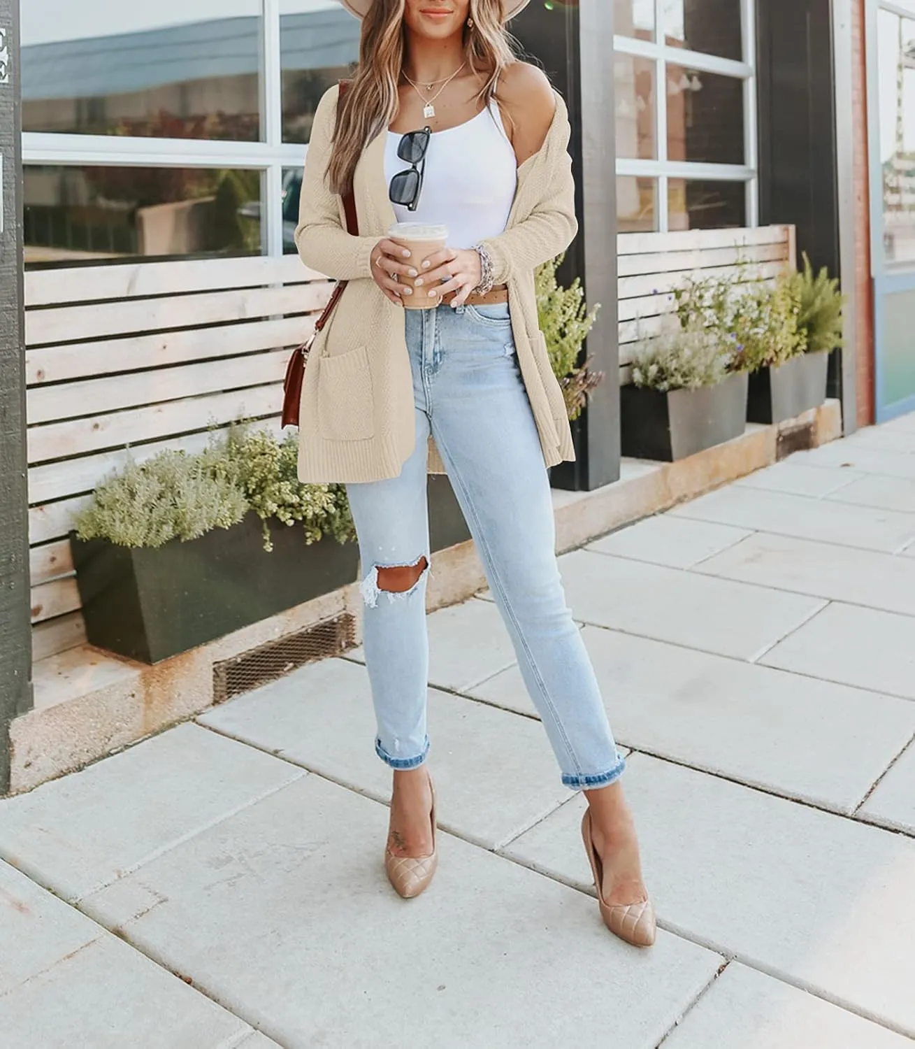 MEROKEETY Women's 2025 Long Sleeve Waffle Knit Cardigan Open Front Cozy Sweater Coat with Pockets