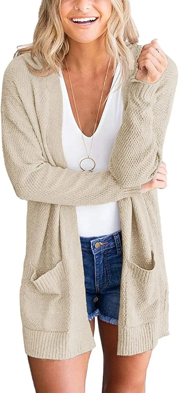 MEROKEETY Women's 2025 Long Sleeve Waffle Knit Cardigan Open Front Cozy Sweater Coat with Pockets