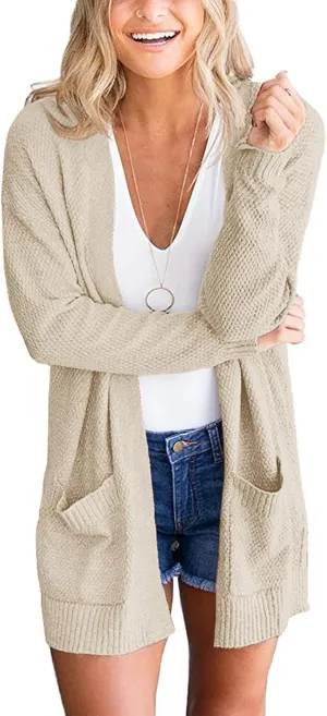MEROKEETY Women's 2025 Long Sleeve Waffle Knit Cardigan Open Front Cozy Sweater Coat with Pockets