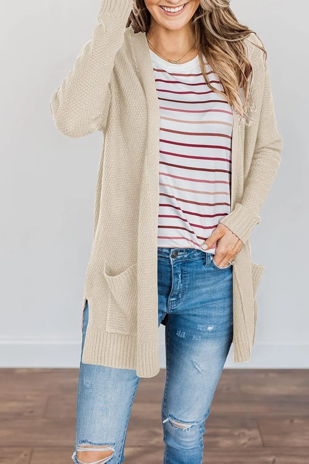 MEROKEETY Women's 2025 Long Sleeve Waffle Knit Cardigan Open Front Cozy Sweater Coat with Pockets