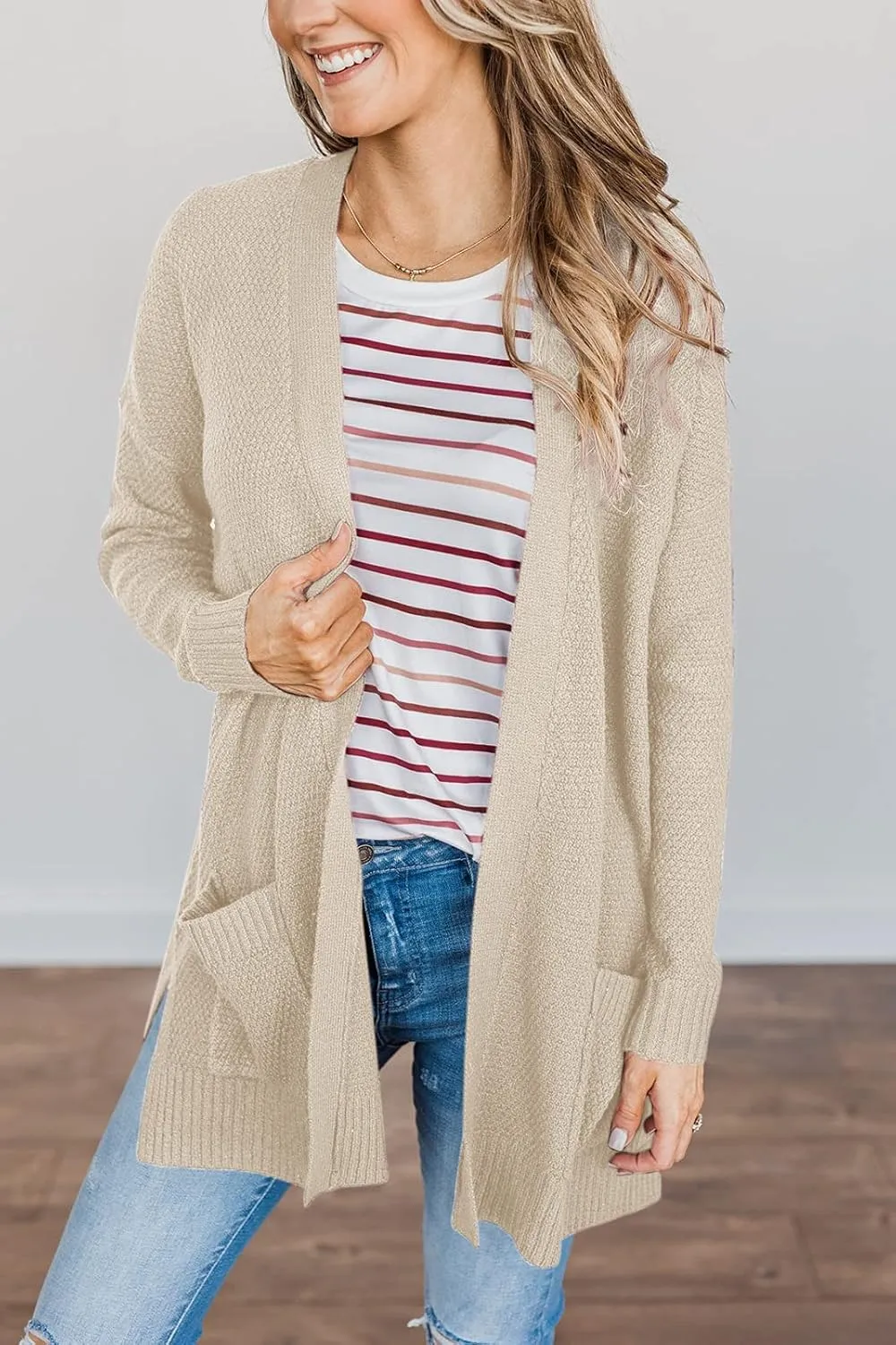 MEROKEETY Women's 2025 Long Sleeve Waffle Knit Cardigan Open Front Cozy Sweater Coat with Pockets