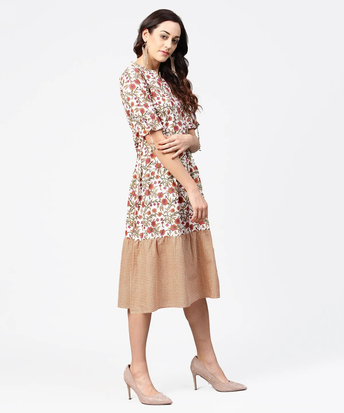 Multi Printed Half Sleeve Cotton A-Line Dress