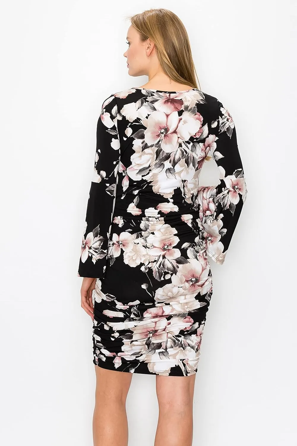 My Bump Women's Maternity Dress - Printed Fitted Stretch Bell Sleeve W/Ruched