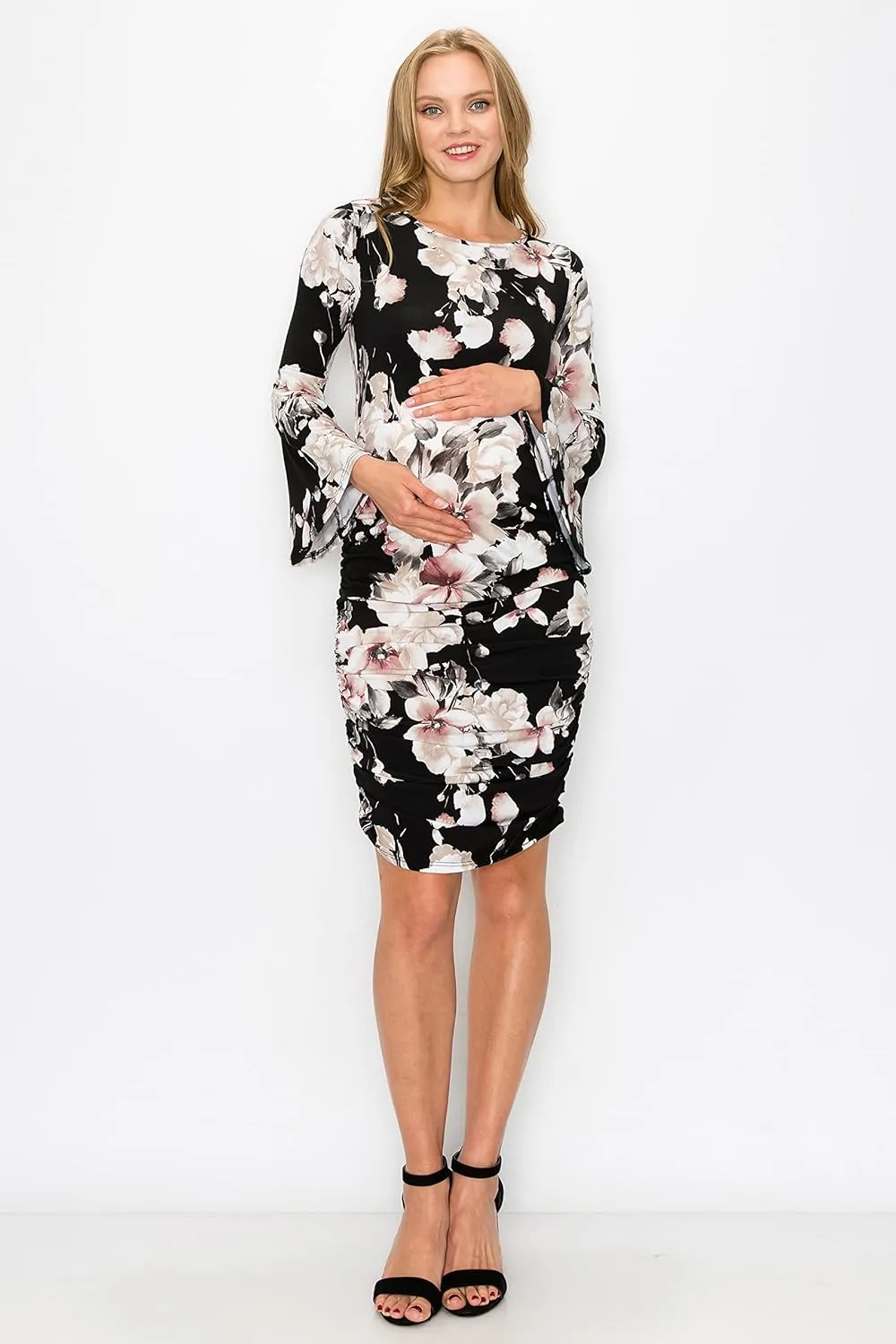 My Bump Women's Maternity Dress - Printed Fitted Stretch Bell Sleeve W/Ruched