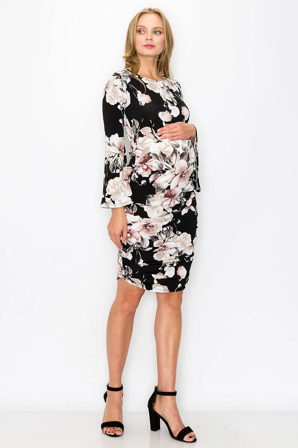 My Bump Women's Maternity Dress - Printed Fitted Stretch Bell Sleeve W/Ruched