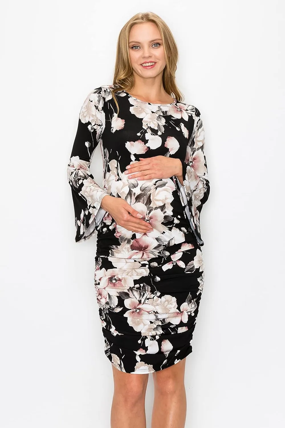 My Bump Women's Maternity Dress - Printed Fitted Stretch Bell Sleeve W/Ruched
