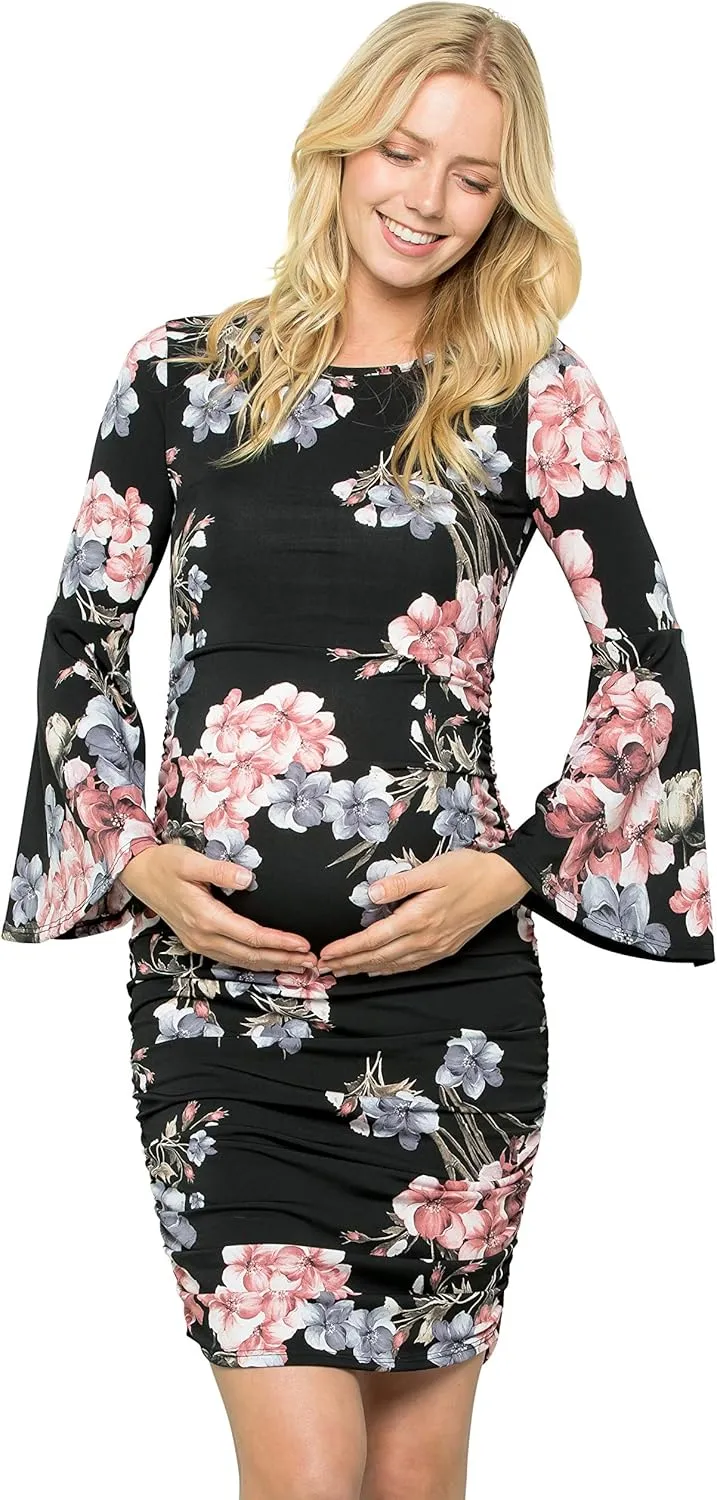 My Bump Women's Maternity Dress - Printed Fitted Stretch Bell Sleeve W/Ruched