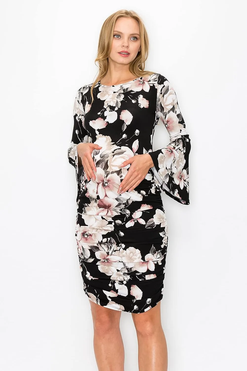 My Bump Women's Maternity Dress - Printed Fitted Stretch Bell Sleeve W/Ruched