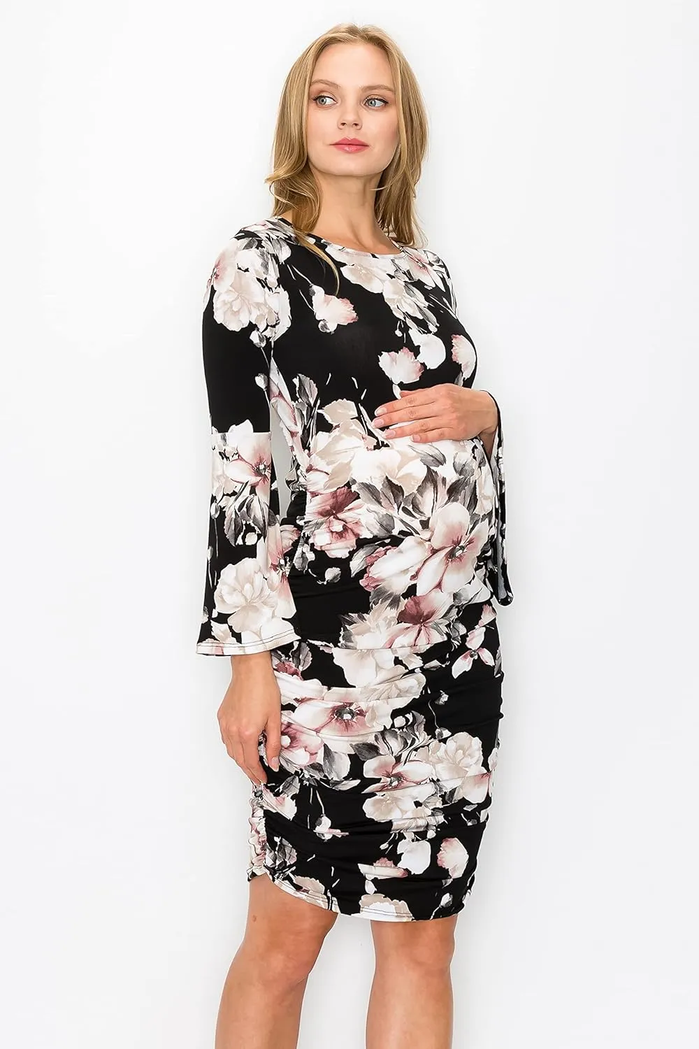 My Bump Women's Maternity Dress - Printed Fitted Stretch Bell Sleeve W/Ruched