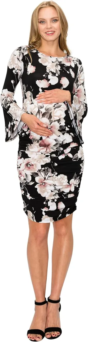 My Bump Women's Maternity Dress - Printed Fitted Stretch Bell Sleeve W/Ruched