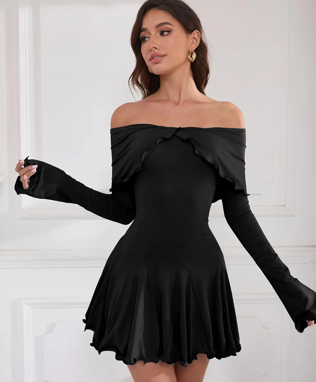Off The Shoulder Dresses for Women Flowy Bodycon Ruffle Long Sleeve Spring Short Sexy Mini Dress