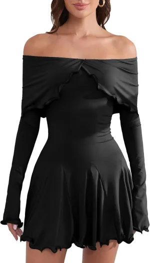 Off The Shoulder Dresses for Women Flowy Bodycon Ruffle Long Sleeve Spring Short Sexy Mini Dress
