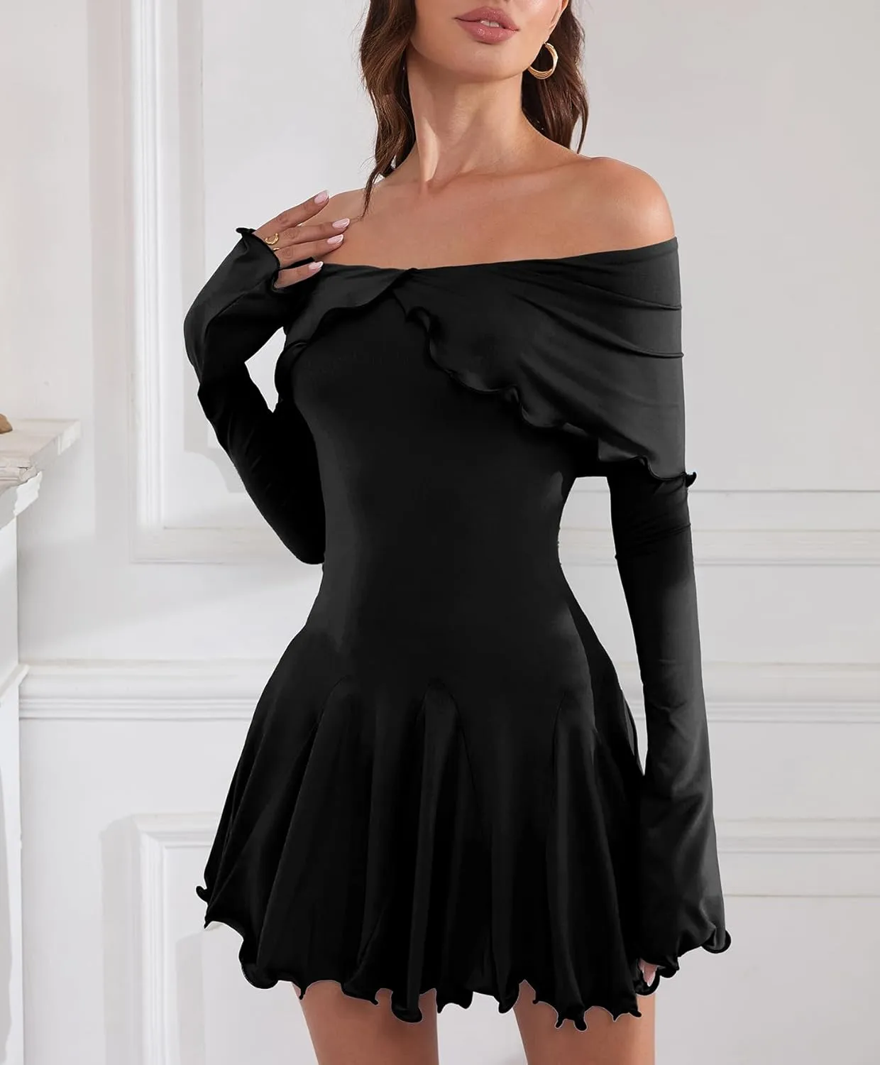 Off The Shoulder Dresses for Women Flowy Bodycon Ruffle Long Sleeve Spring Short Sexy Mini Dress