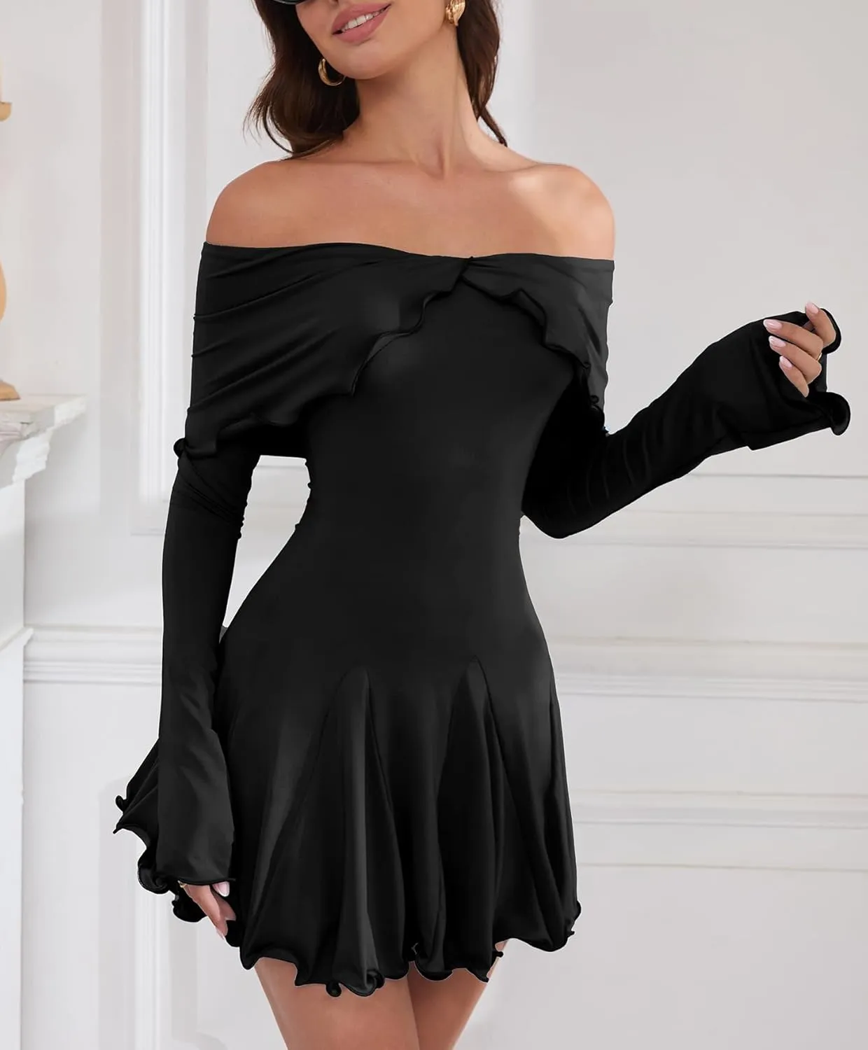Off The Shoulder Dresses for Women Flowy Bodycon Ruffle Long Sleeve Spring Short Sexy Mini Dress