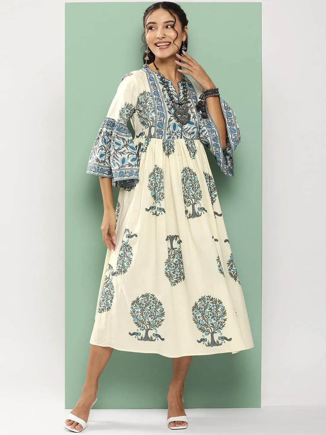 Off-White Printed Long Dress With Waist Belt