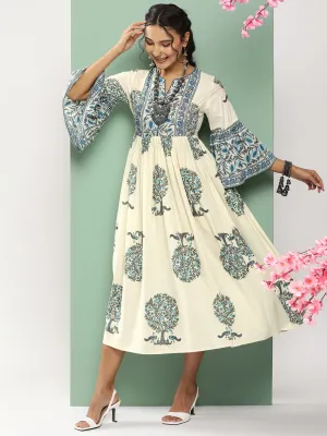 Off-White Printed Long Dress With Waist Belt