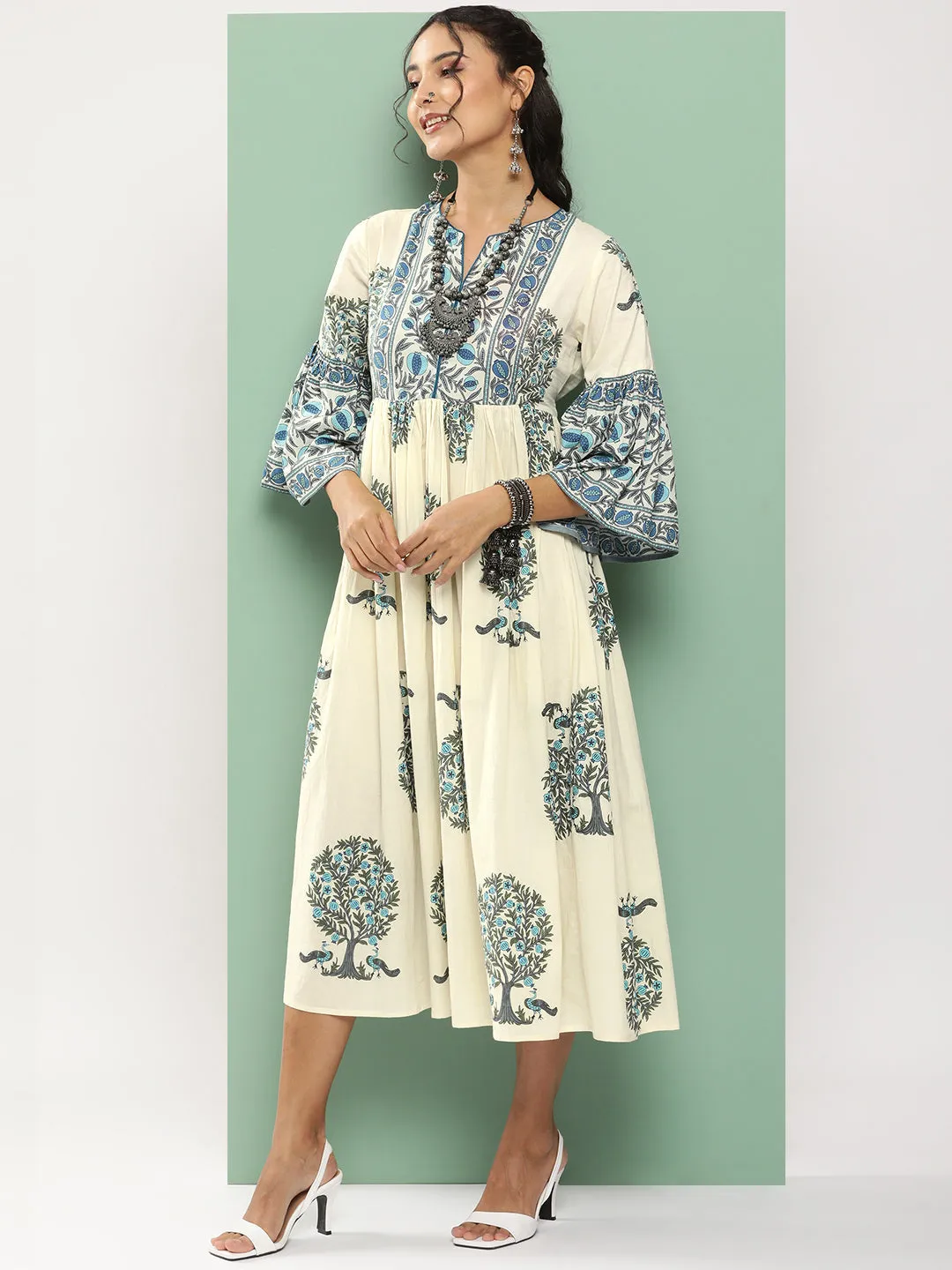 Off-White Printed Long Dress With Waist Belt
