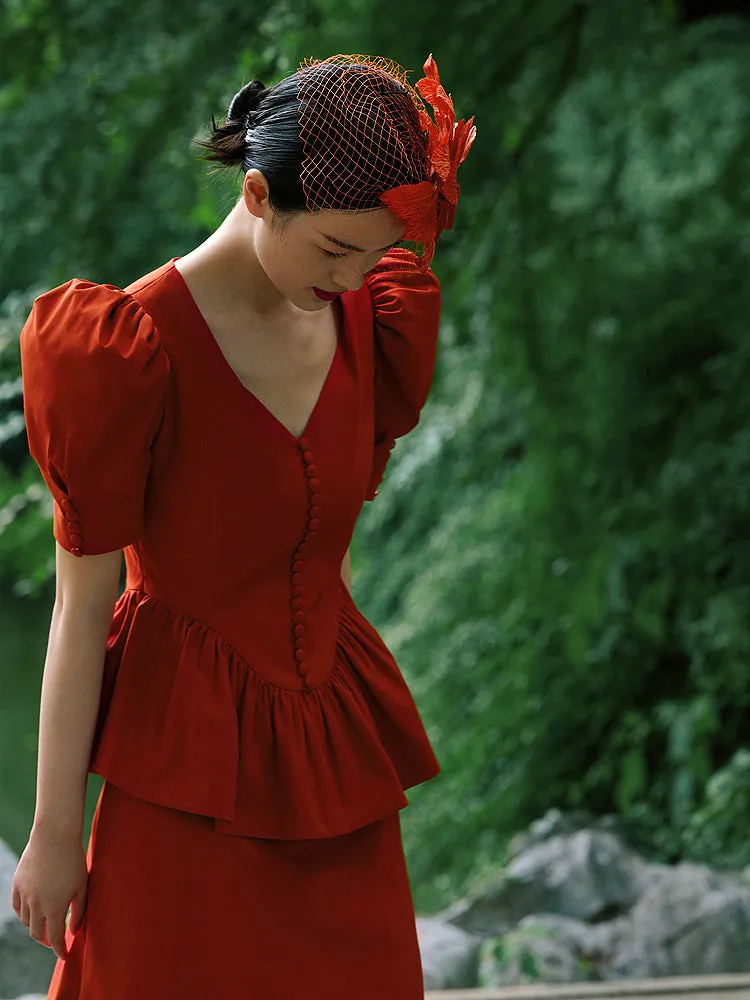 Orange Red Waisted Clothes Umbrella Skirt Short Sleeves- Mola