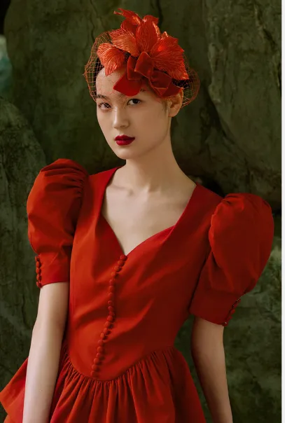 Orange Red Waisted Clothes Umbrella Skirt Short Sleeves- Mola