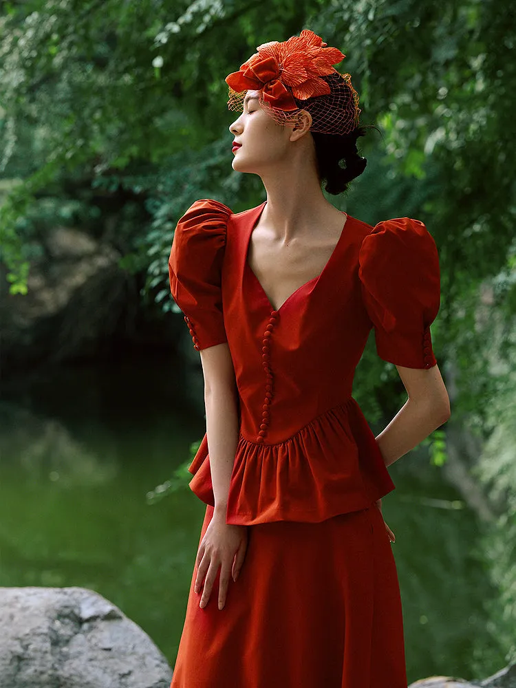 Orange Red Waisted Clothes Umbrella Skirt Short Sleeves- Mola
