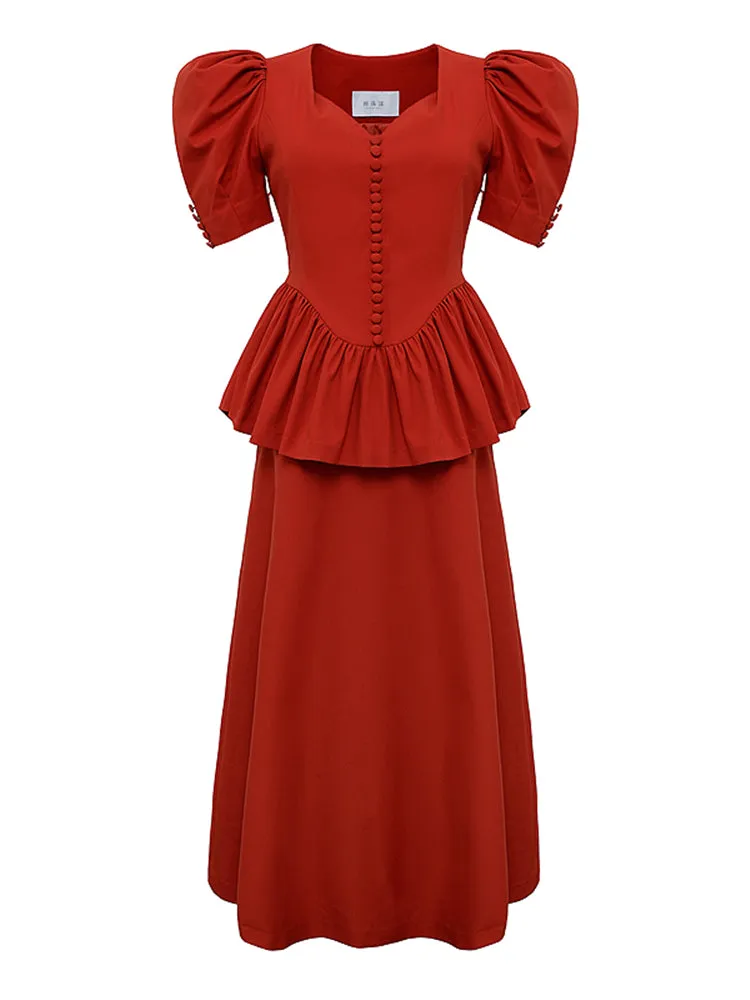 Orange Red Waisted Clothes Umbrella Skirt Short Sleeves- Mola