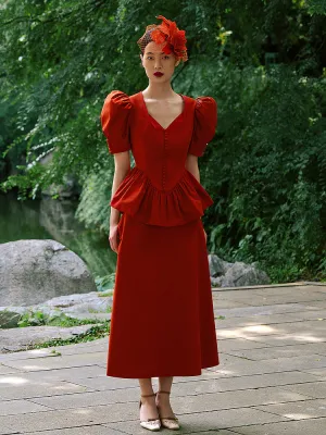 Orange Red Waisted Clothes Umbrella Skirt Short Sleeves- Mola