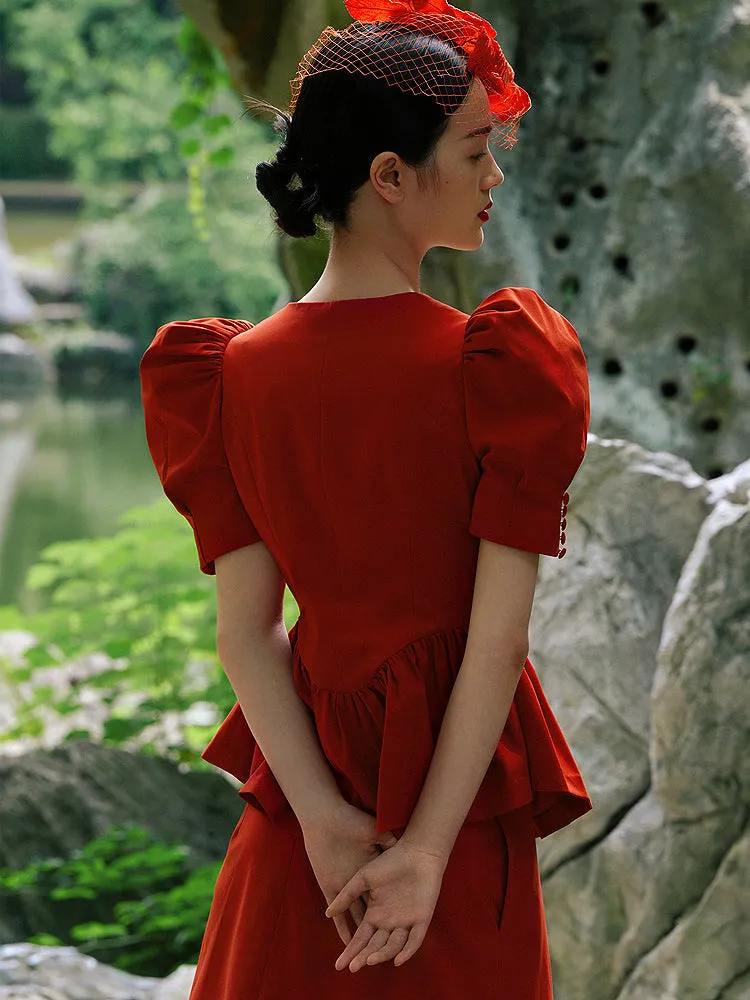 Orange Red Waisted Clothes Umbrella Skirt Short Sleeves- Mola