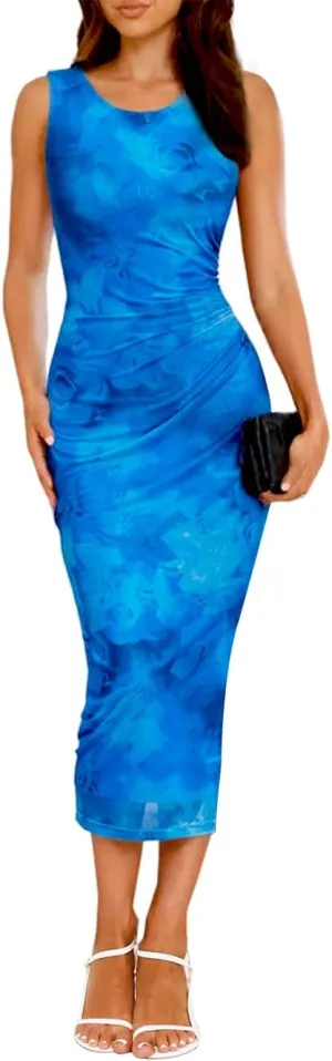 oten Women's Sleeveless Mesh Floral Summer 2025 Ruched Bodycon Slit Wedding Guest Cocktail Party Midi Dress