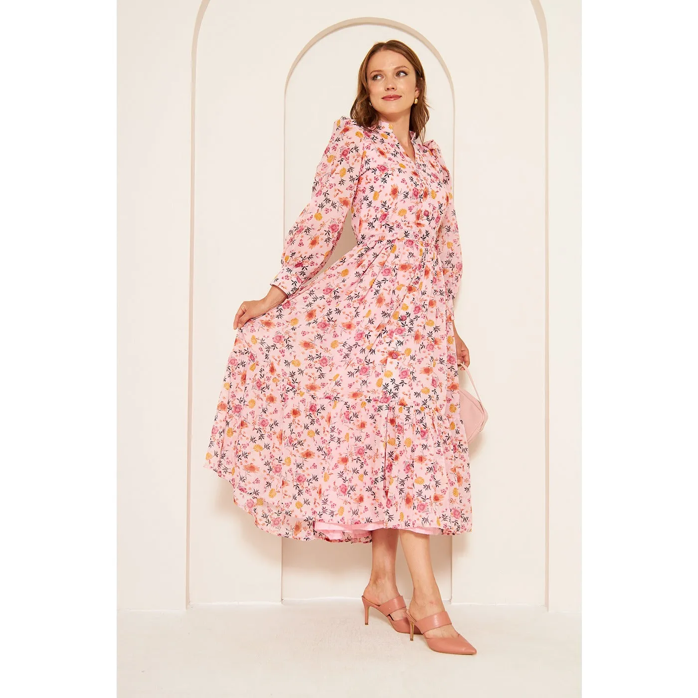 Pink Chiffon Floral Shirt Dress