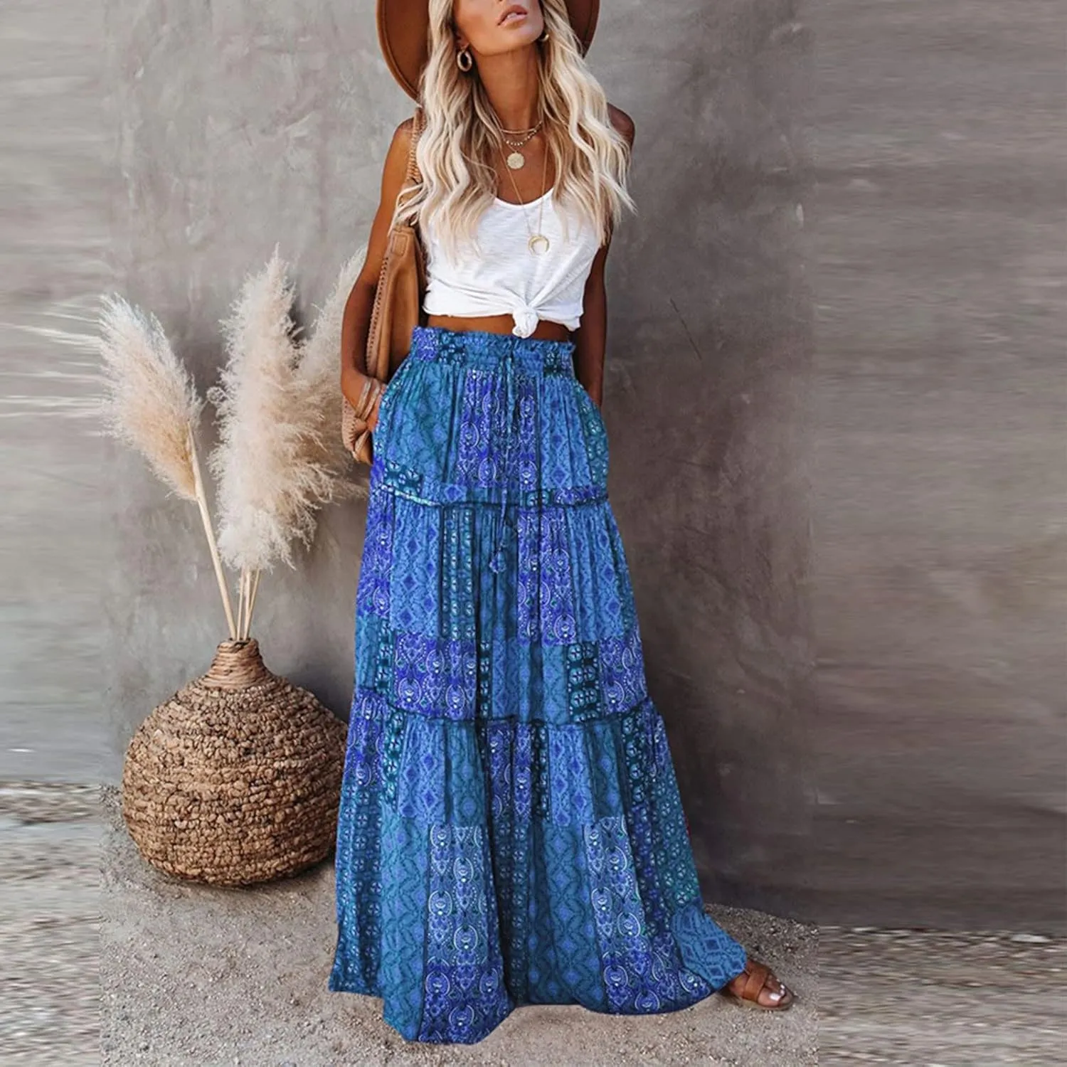 Pleated Maxi Skirts for Women Trendy Tiered Flowy Skirt Drawstring High Waisted Long Skirt A Line Ruffle Skirt