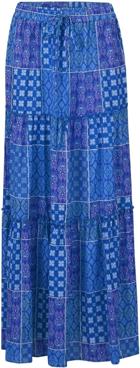 Pleated Maxi Skirts for Women Trendy Tiered Flowy Skirt Drawstring High Waisted Long Skirt A Line Ruffle Skirt