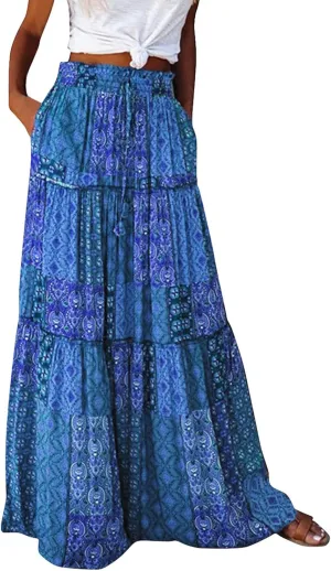 Pleated Maxi Skirts for Women Trendy Tiered Flowy Skirt Drawstring High Waisted Long Skirt A Line Ruffle Skirt