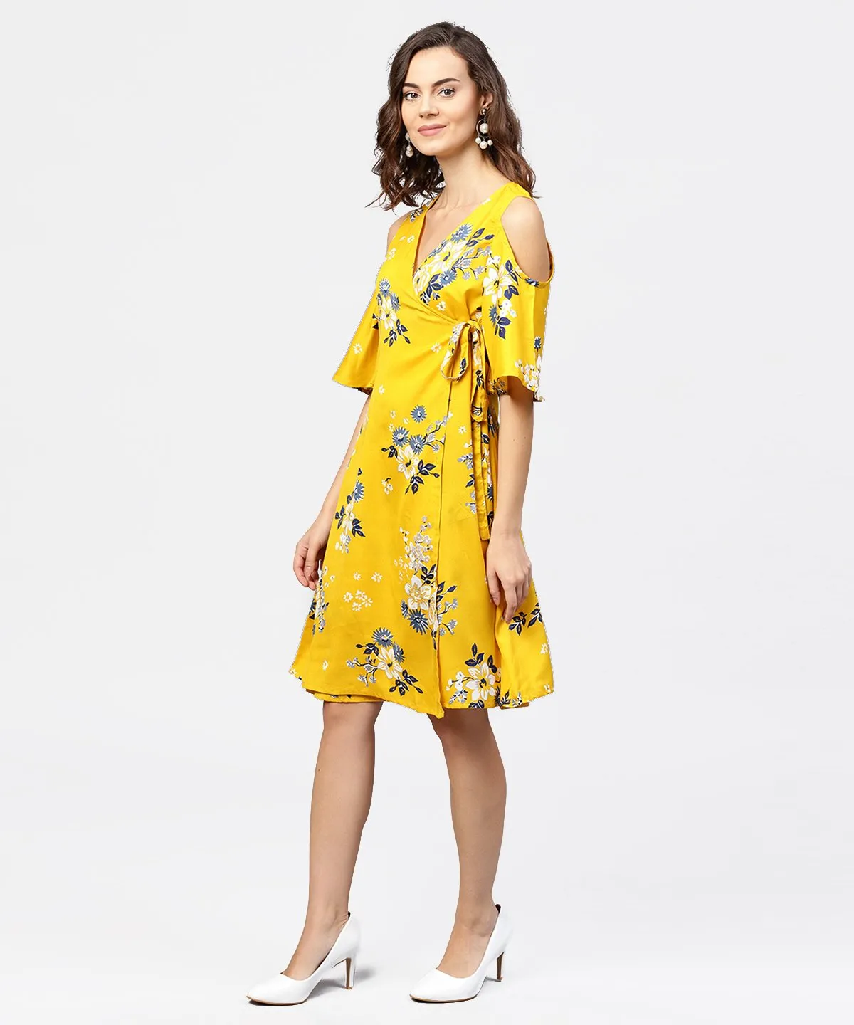 Printed Assymetrical A-Line Knotted Belt Style Dress With 3/4Th Cold-Shoulder Sleeve