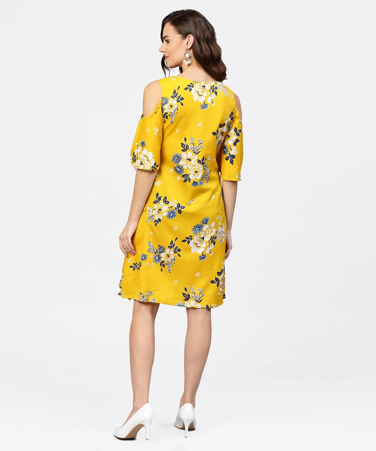 Printed Assymetrical A-Line Knotted Belt Style Dress With 3/4Th Cold-Shoulder Sleeve